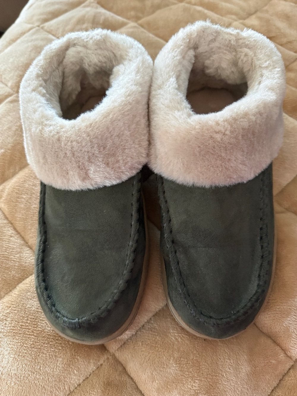 Muk Luks Olive Suede Slippers with Cream Shearling Cuff, size 7-8